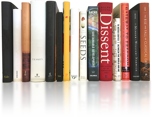 Published titles on a bookshelf